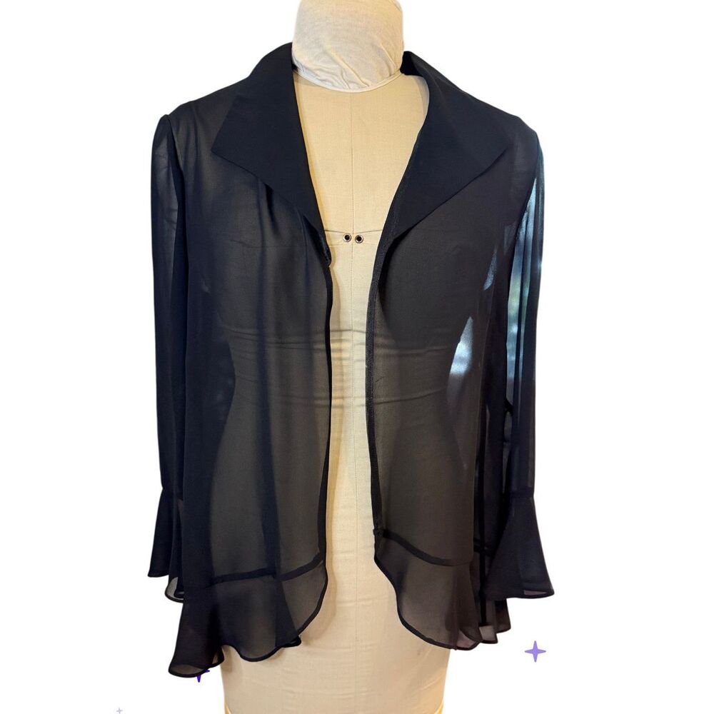 Alex Evenings Black Sheer 3/4 Sleeve Jacket Dress Cover Large Ruffle Hem - Picture 5 of 6